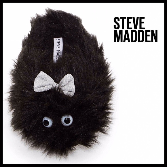 STEVE MADDEN COZY PLUSH BLACK WINTER SLIPPERS FAUX FUR METALLIC SILVER BOWS - Picture 7 of 7